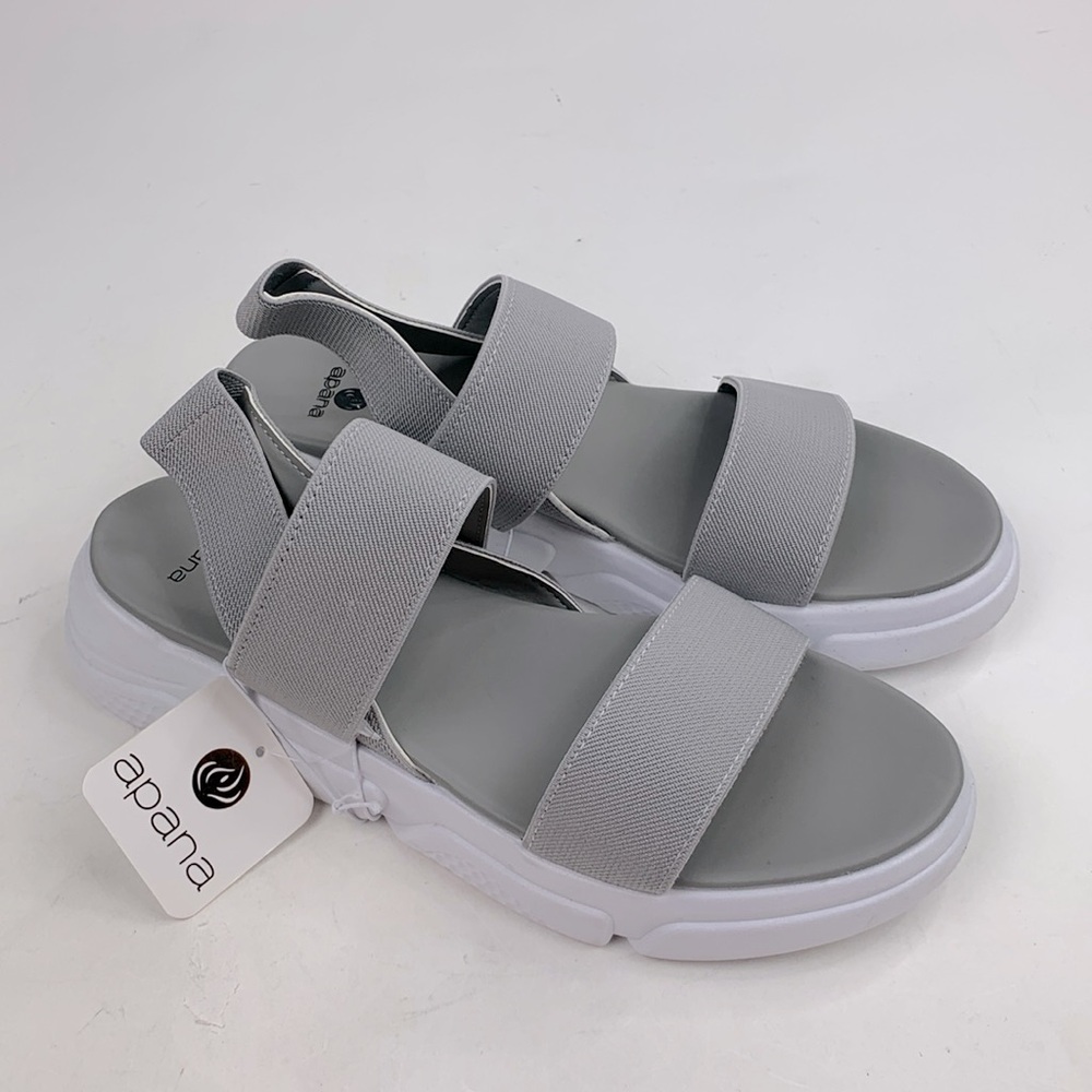 Apana Grey Nola Sandals Size 9 Stretch band straps White sole New NWT